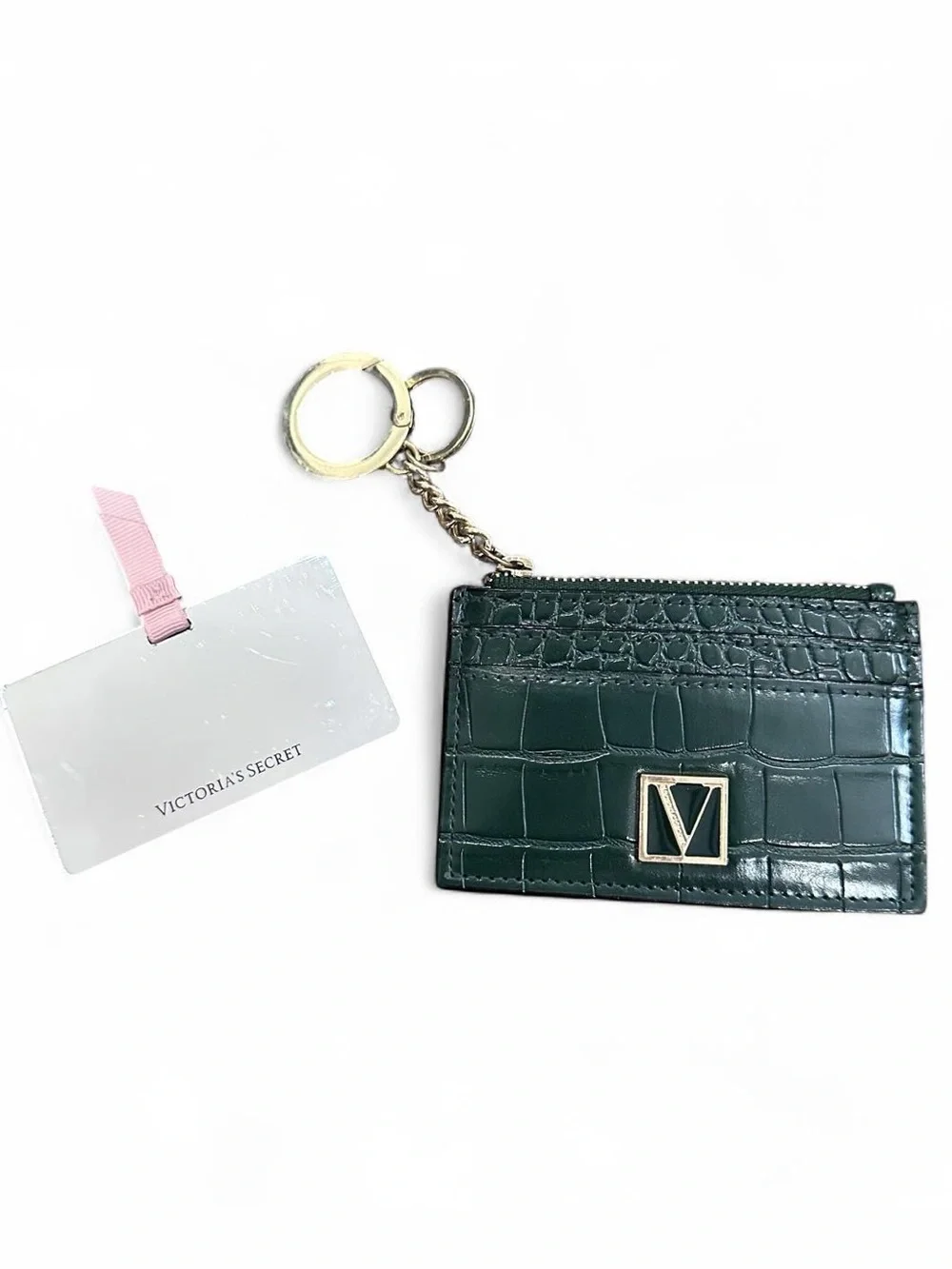 Victoria's Secret Green Croc-Embossed Card Holder Keychain with Mirror